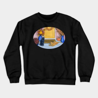 Fall Porch Display featuring Pumpkin, Chrysanthemums and Cats Crewneck Sweatshirt